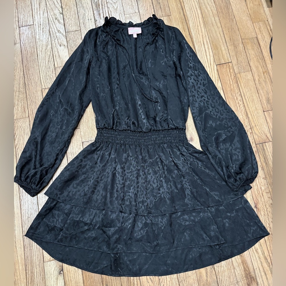 Show me your mumu ruffled black dress size small leopard print
